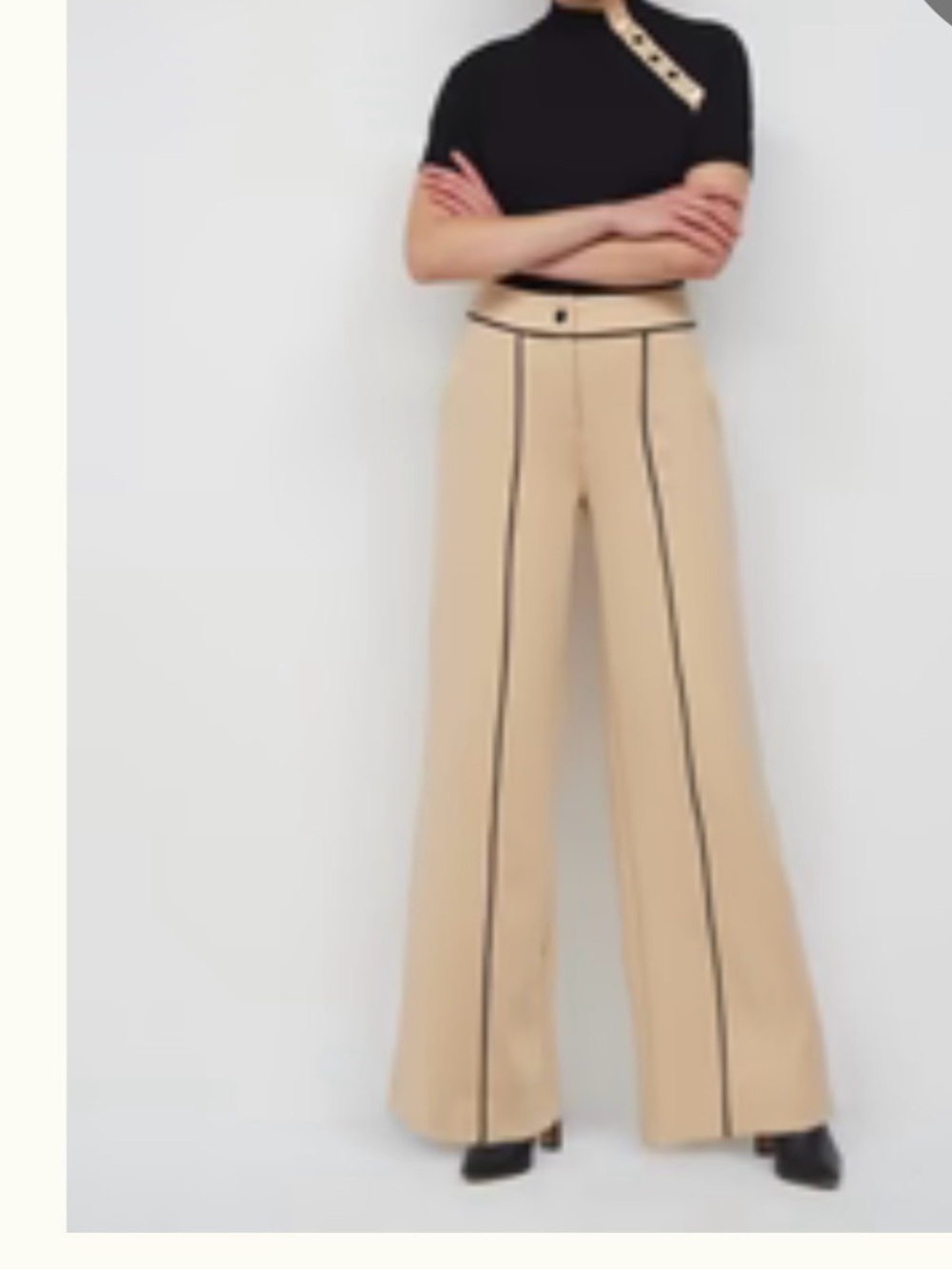 New York & Company Beige Wide-Leg Trousers with Black Piping